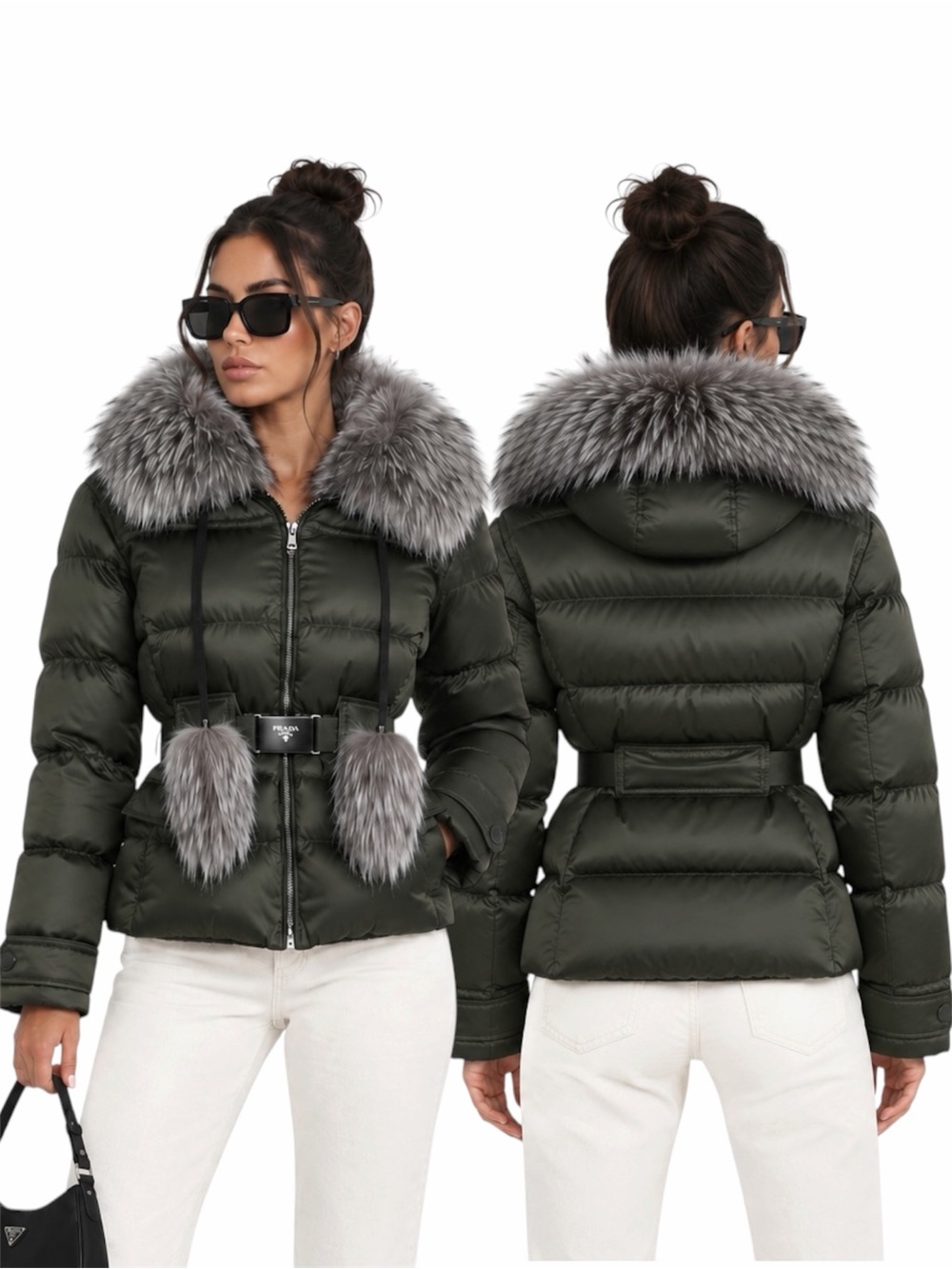 [RARE] PRADA POM POM 29X275 DOWN FOX FUR BELTED JACKET SIZE 42/US 8 - BNWT